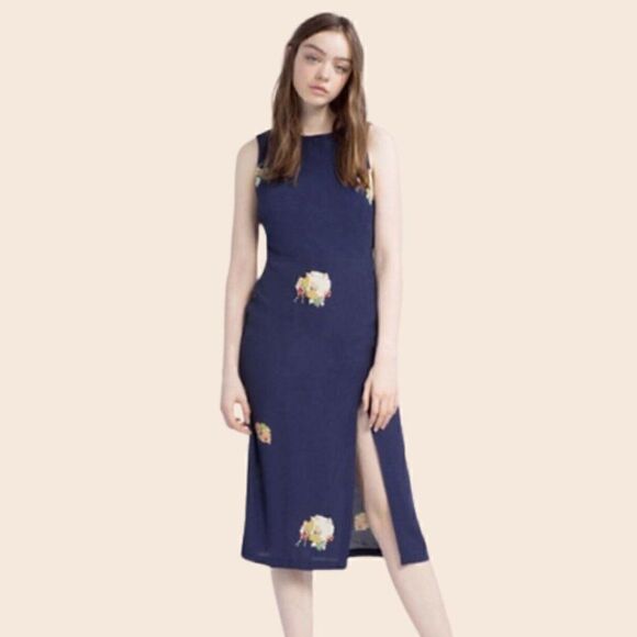 Zara Trafaluc Collection Navy Floral Thigh Split Shift Dress in Navy Size Small - Picture 1 of 16